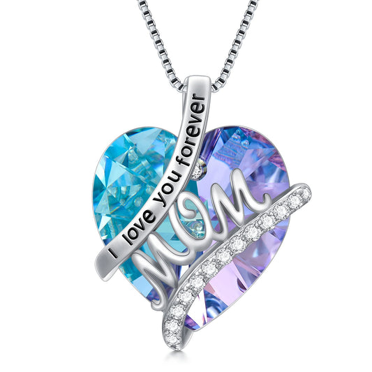 Gifts For Mom Sterling Silver Mom Necklace With Heart Birthstone Crystal Mother's Day Christmas Jewelry Gifts For Mother